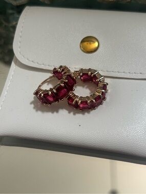 Gold Hoop Earrings with Deep Pink Crystal Accents